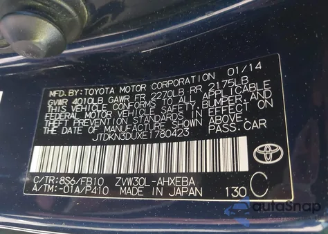 2014 Toyota Prius Two z USA, uszkodzony, nr VIN JTDKN3DUXE1780423